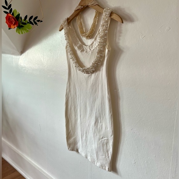 EUC VTG 80s pearl necklace handsewn bodycon ivory dress xs scoop back wedding - Picture 14 of 16